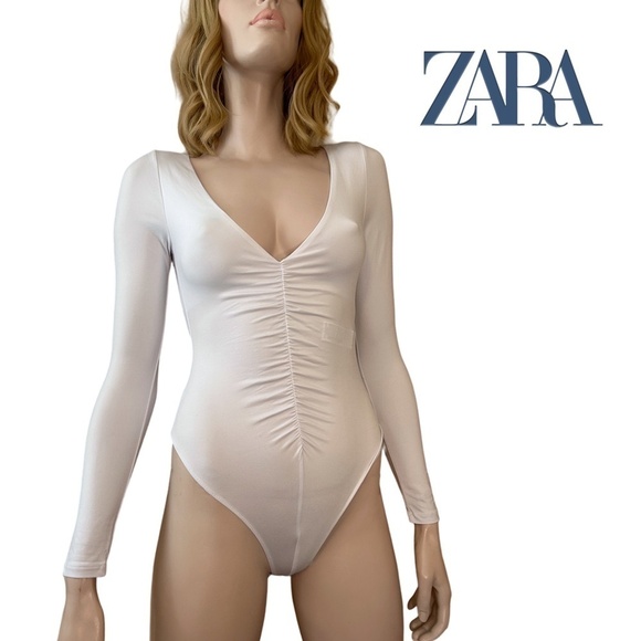 ZARA Ruched Bodysuit Leotard Top White Ruching Sexy Long Sleeve Plunge Neck NWOT - Picture 1 of 13